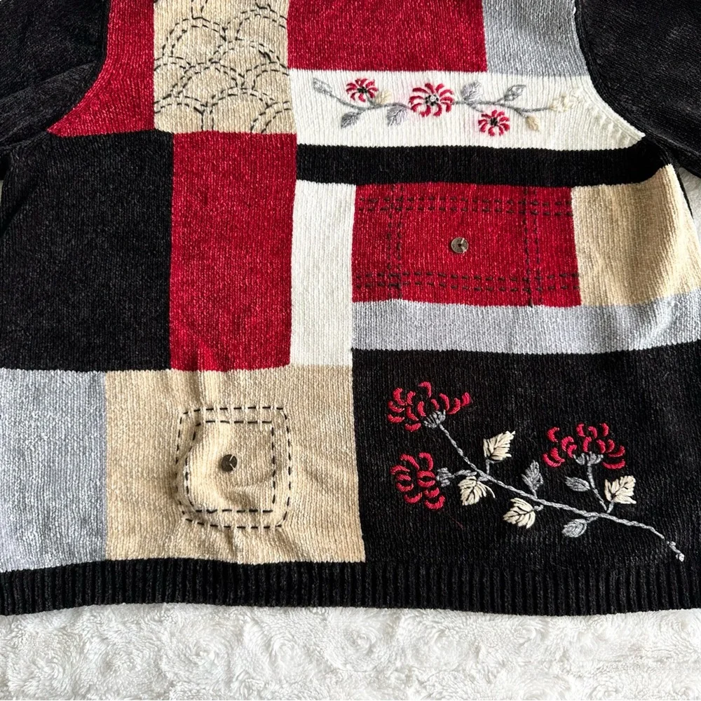 Vintage Alfred Dunner Sweater Womens 2X Red Black Colorblock Floral Retro READ - Picture 4 of 11